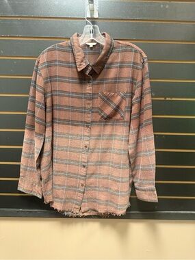 La Miel Brown Blue Plaid Flannel Shirt Raw Hem Button Front M